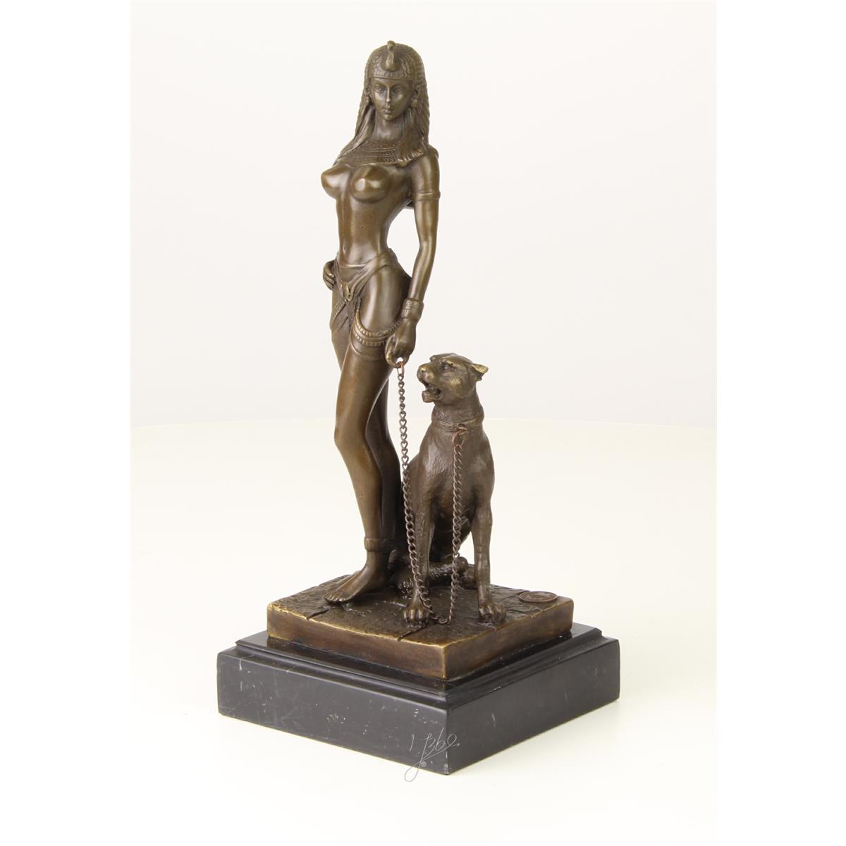 Cleopatra met panter - Bronzen beeldje - Sculptuur - 25,5 cm hoog