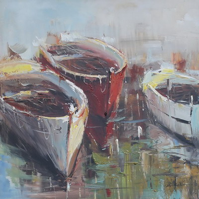 Olieverfschilderij schilderij roeiboten handgeschilderd 80x80 woonkamer slaapkamer