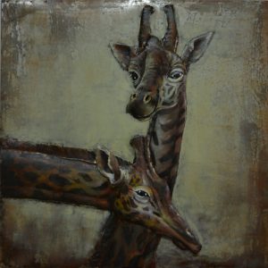 3D art Metaalschilderij Giraffen handgeschilderd 100x100 woonkamer slaapkamer