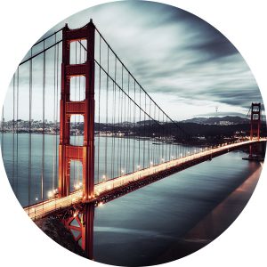 rond Glasschilderij San Fransisco schilderij Golden Gate Bridge Foto print op glas diameter 100 cm rood grijs woonkamer slaapkamer
