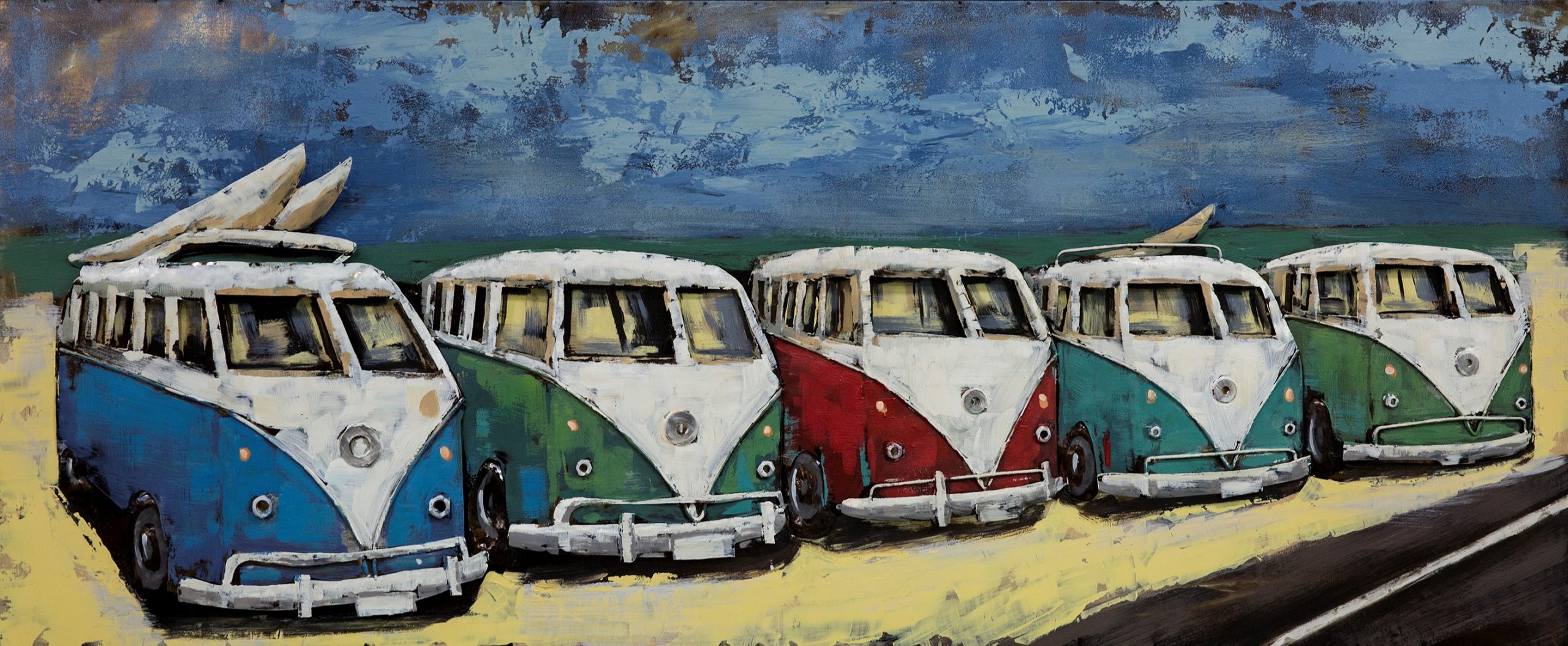 Het eens zijn met olie uitvoeren 3D art Metaalschilderij Volkswagen busje- schilderij - SAMBA Bussen op het  strand - Volkswagen T1 - oldtimer - 150x60 - woonkamer slaapkamer -  trendybywave.nl