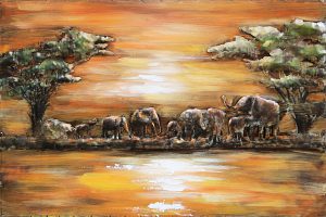 3D art Metaalschilderij Olifanten 120x80 cm