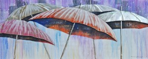 Olieverfschilderij canvas schilderij kleurrijke paraplu's handgeschilderd 150x60 woonkamer slaapkamer