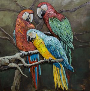 3D art Metaalschilderij vogels handgeschilderd schilderij  papegaaien 100x100 woonkamer slaapkamer