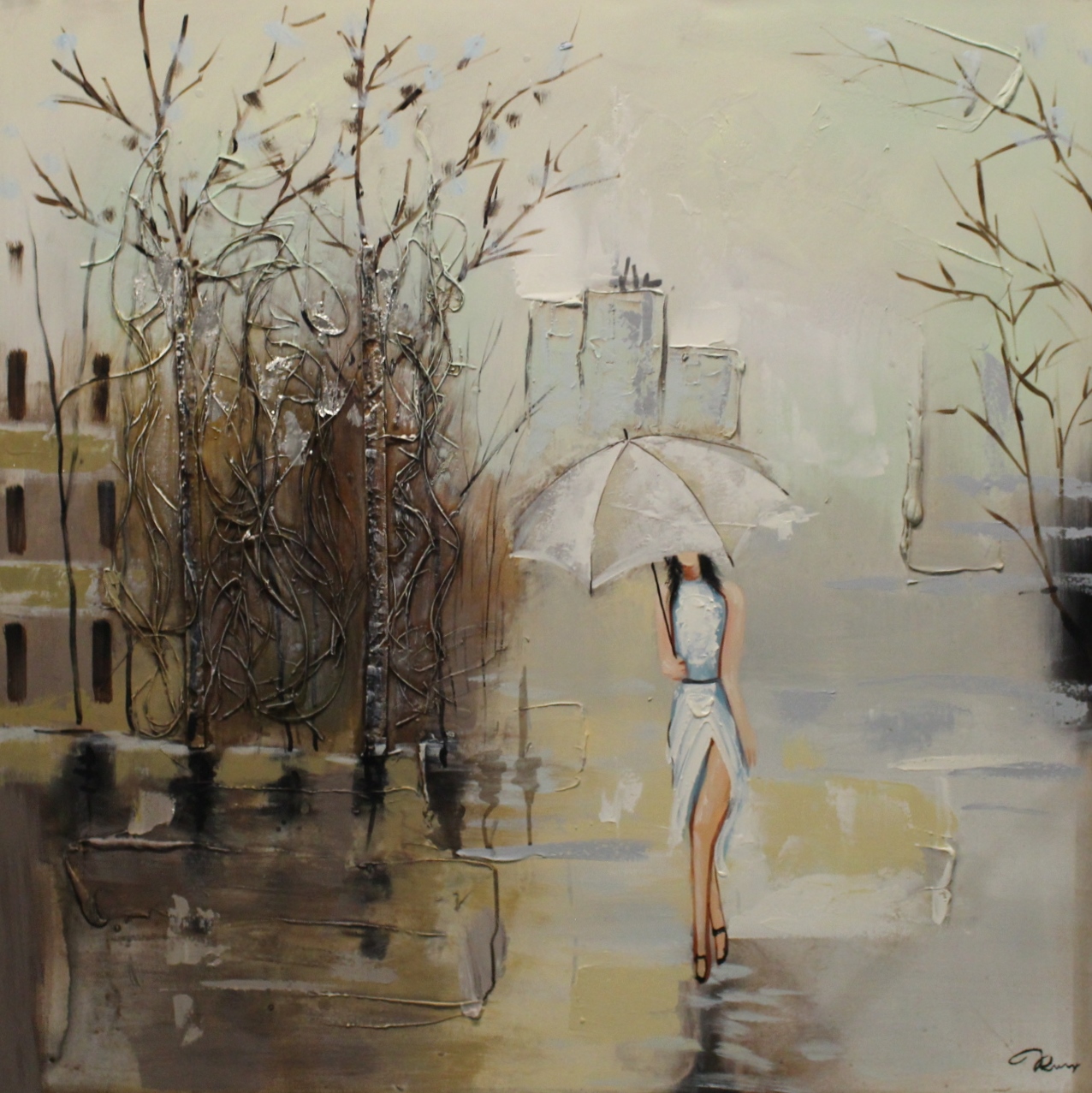 Olieverfschilderij schilderij vrouw in de regen handgeschilderd 100x100 woonkamer slaapkamer