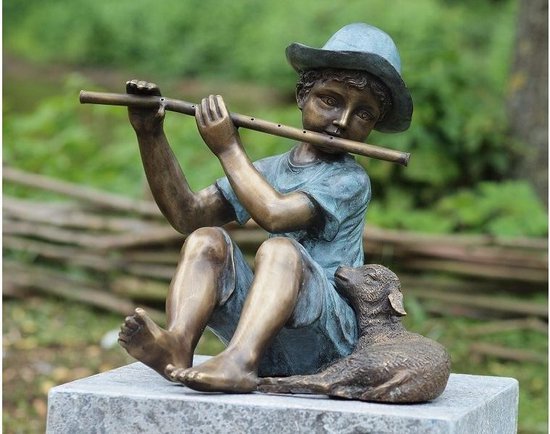 Beeld brons - Tuinbeeld - Fluitspeler met lam - 38 cm hoog - Bronzartes