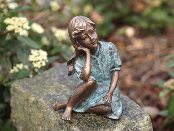 Tuinbeeld - bronzen beeld - Weemoedig meisje - Bronzartes - 13 cm hoog