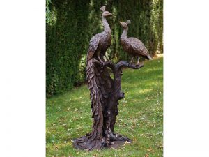Tuinbeeld - bronzen beeld - 2 Pauwen op boomstronk - 161 cm hoog