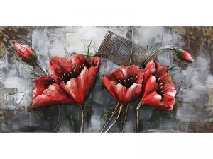 3D art Metaalschilderij - Rode bloemen - 120 x 60 cm