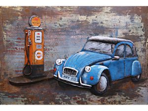 3D Metaalschilderij - 2 CV / Eend blauw en benzinepomp - handgeschilderd - 120 x 80 cm
