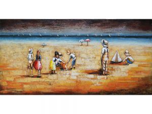 3D Metaalschilderij - Kinderen op het strand - handgeschilderd - 140 x 70 cm