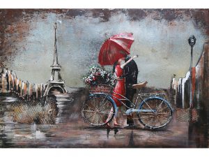 3D Metaalschilderij - Parijs - kus onder de paraplu - handgeschilderd - 120 x 80 cm hoog