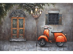 3D Metaalschilderij - Oranje scooter voor de deur - handgeschilderd - 120 x 80 cm