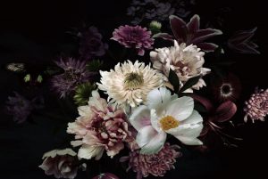 Glasschilderij - Bloemen - Roze, wit en paars - Zwarte achtergrond - 80 x 120 - schilderij woonkamer - glasschilderij bloemen