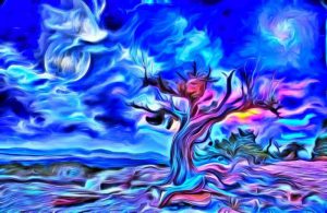 Glasschilderij - Abstracte boom - felblauw - schilderij fotokunst - foto print op glas - 120 x 80 cm