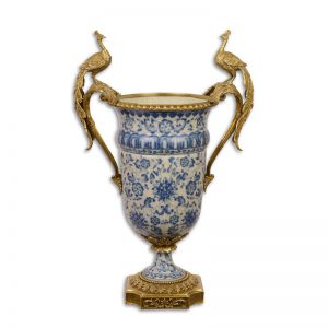 Vaas - Delftsblauwe vaas - Bronzen Pauw - 60,3 cm hoog