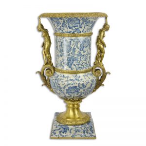 Porselein Urn Delftsblauw - Bronzen elementen - 85,7 cm hoogte - Vaas