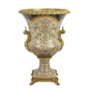 Vaas - Porselein Urn Bloemen - Bronzen elementen - 75,5 cm hoog
