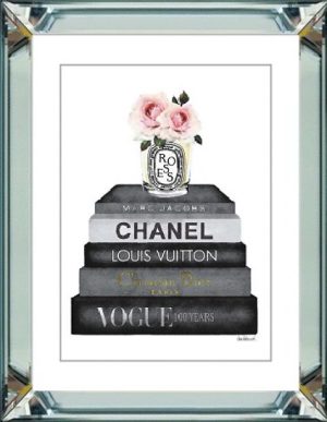 50 x 60 cm Spiegellijst met prent boeken van luxe Franse merken en rozen prent achter glas