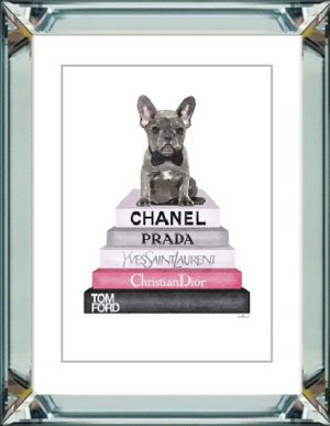 50 x 60 cm Spiegellijst met prent Ter Halle Hond met boeken van luxe modemerken prent achter glas