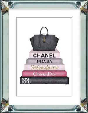 50 x 60 cm Spiegellijst met prent Yves Saint Laurent tas met boeken van luxe modemerken prent achter glas