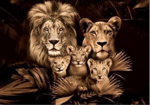 Ter Halle glasschilderij - leeuwenfamilie