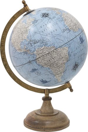 Wereldbol Decoratie 22x22x33 cm Blauw Hout -  Metaal Globe Aardbol