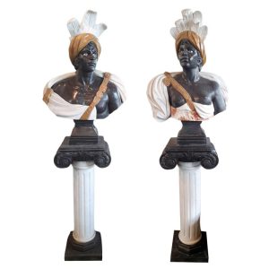 Baakman Buste van 2 donkere mensen op zwart marmeren basis - Set van 2 - Marmeren beeld