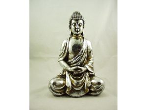Boeddha zittend beeld 48 cm hoog zilverkleurig beeld Boeddhisme
