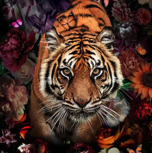 Ter Halle glasschilderij - tijger - bloemen
