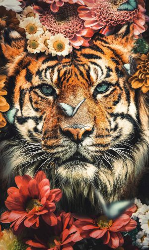 glasschilderij tijger - kleurrijke bloemen