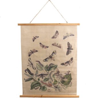 Wandkleed 80x2x100 cm Beige Hout -  Textiel - Rechthoek Vlinders wanddoek