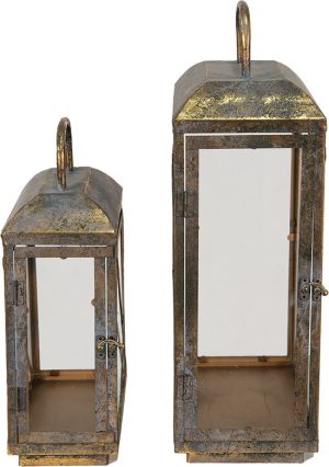 Lantaarns Set v 2 28*18*54 /24*14*40 cm Koperkleurig Ijzer, Glas Kaarsenhouder Sfeerverlichting