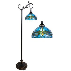 tiffany lamp - Lumilamp - vloerlamp 152 cm Blauw Bruin Kunststof Glas Rond Staande Lamp Glas in Lood Tiffany Lamp