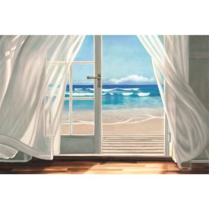 Dibond schilderij raam bij het strand 180x120 cm aluart Mondiart