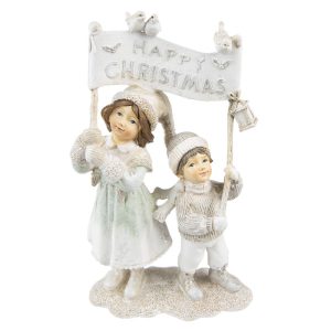 Beeld Kinderen 23 cm Beige Kunststof Happy Christmas - kerstdecoratie - accessoires