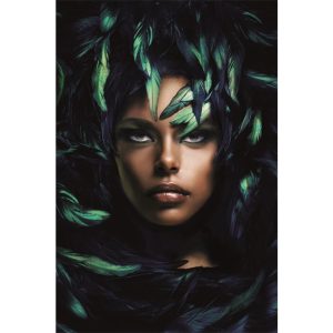 Plexiglasschilderij Mondiart Vrouw groene veren 100x150 cm acrylicart exclusieve collectie