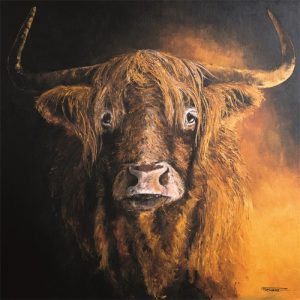 Dibond schilderij Schotse hooglander getekende afbeelding 100x100 cm aluart Mondiart