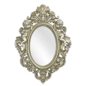 Zilveren  spiegel - Klassieke afwerking met engels - Polyresin, ovaal - 58,8 cm H