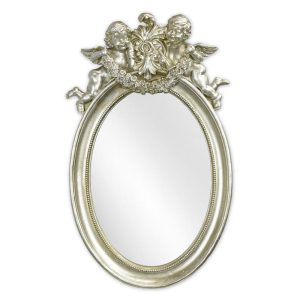 Zilveren  spiegel - Klassieke afwerking met engels - Polyresin, ovaal - 49,3 cm H