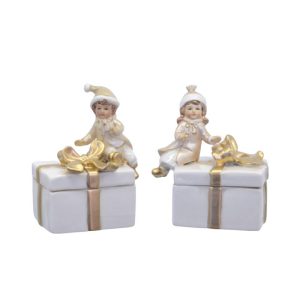 Porseleinen juwelendoosjes - Kindjes met cadeaus - Set van 2 - 11,9 cm H
