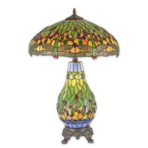 Tiffany tafellamp - Glas in lood - Libelle, groen glas - 68 cm H