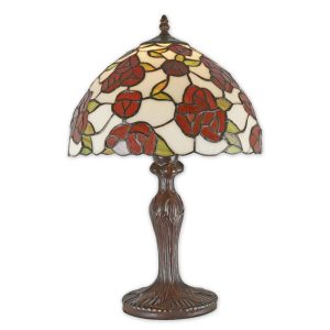 Tiffany tafellamp - Glas in lood - Rode rozen op witte achtergrond - H47 cm Lumilamp