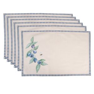 Placemats Set van 6 48x33 cm Beige Blauw Katoen - Rechthoek Bosbessen Tafelmat