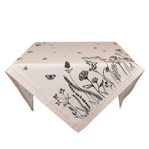 Vierkant Tafelkleed 100x100 cm Beige Zwart Katoen Bloemen - tafellinnen
