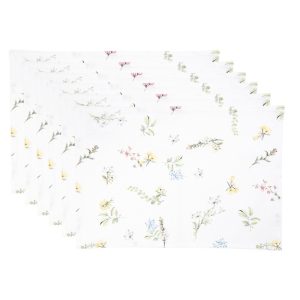 Placemats Set van 6 48x33 cm Wit - Groen Katoen - Rechthoek Bloemen Tafelmat