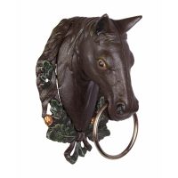 Gietijzeren handdoekrek - Hoofd van paard met ring - Bruin sculptuur - 30 cm hoog