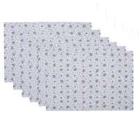 Placemats Set van 6 48x33 cm Wit Blauw Katoen Rechthoek Roosjes