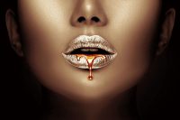 120 x 80 cm - glasschilderij - Golden lips