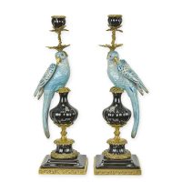 Kandelaar - papegaai blauw - porselein - set van 2 - 48 cm hoog